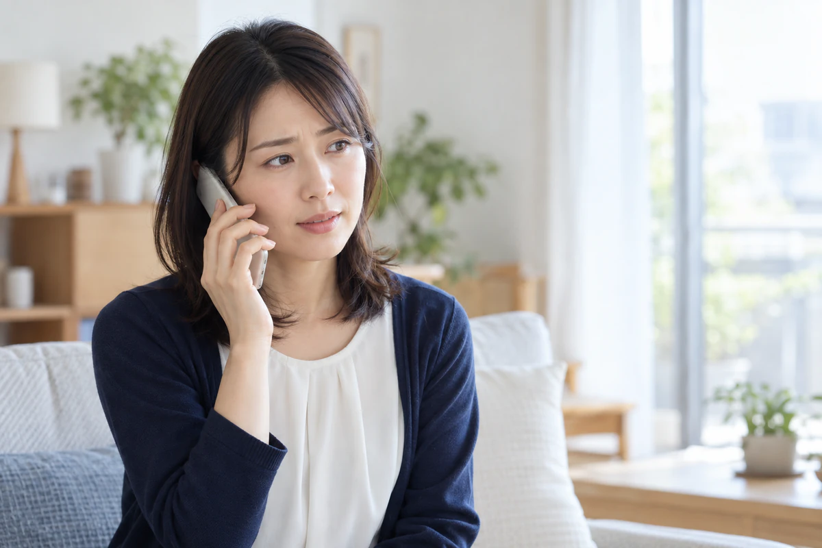 不安を電話で相談する女性